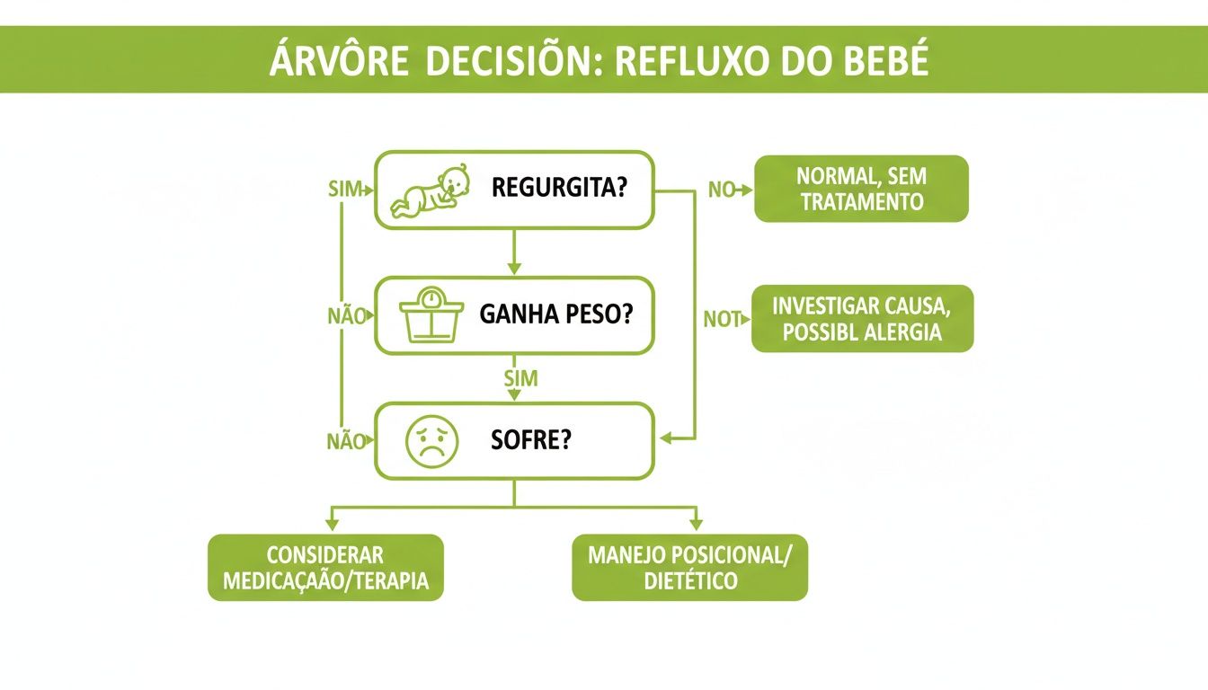 Um fluxograma detalhado para o manejo do refluxo em bebês, guiando decisões sobre regurgitação, ganho de peso e sofrimento.