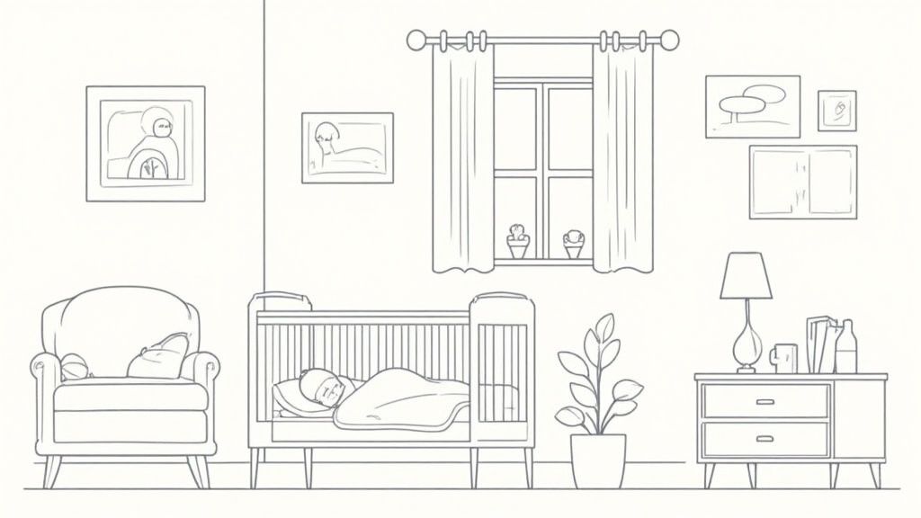 Desenho em linha de um quarto de bebê tranquilo com berço, bebê dormindo, poltrona e janela com cortinas.