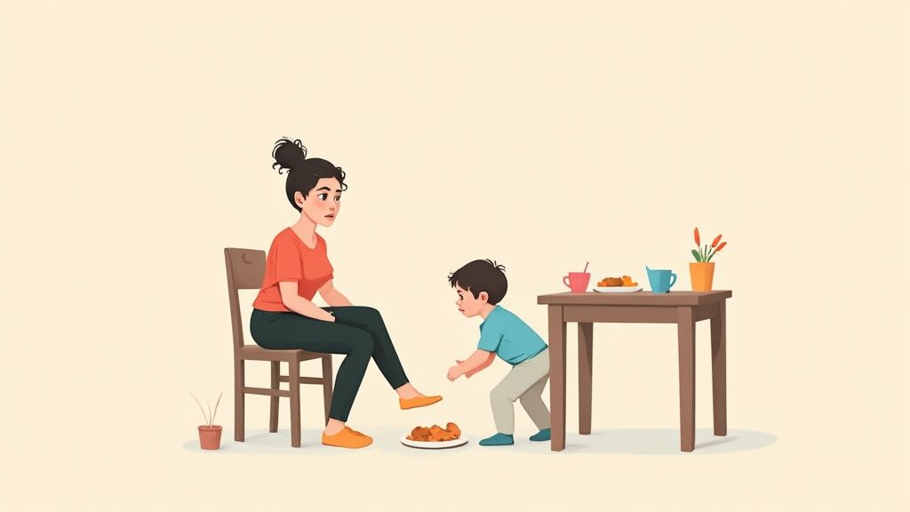 Ilustração de mãe olhando o filho pequeno pegando comida do chão, com uma mesa ao lado.