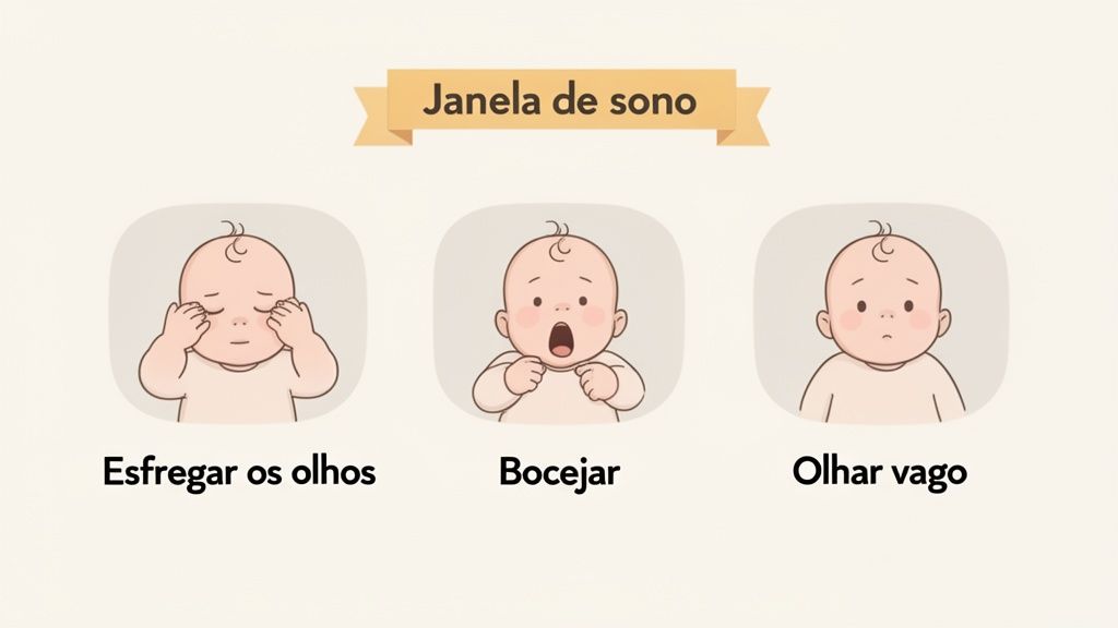 Ilustrações de um bebê mostrando sinais de sono, como esfregar os olhos, bocejar e olhar vago, sob o título 'Janela de sono'.