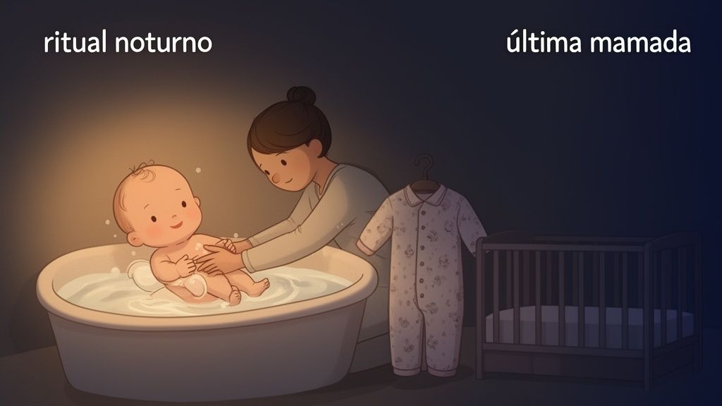 Mãe carinhosa dá banho a um bebé sorridente numa banheira, parte da rotina noturna antes de dormir.
