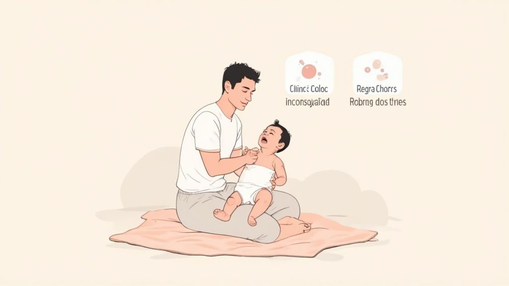 Pai gentilmente conforta bebê chorando sentado em um cobertor, com ícones e textos relacionados a cólica.