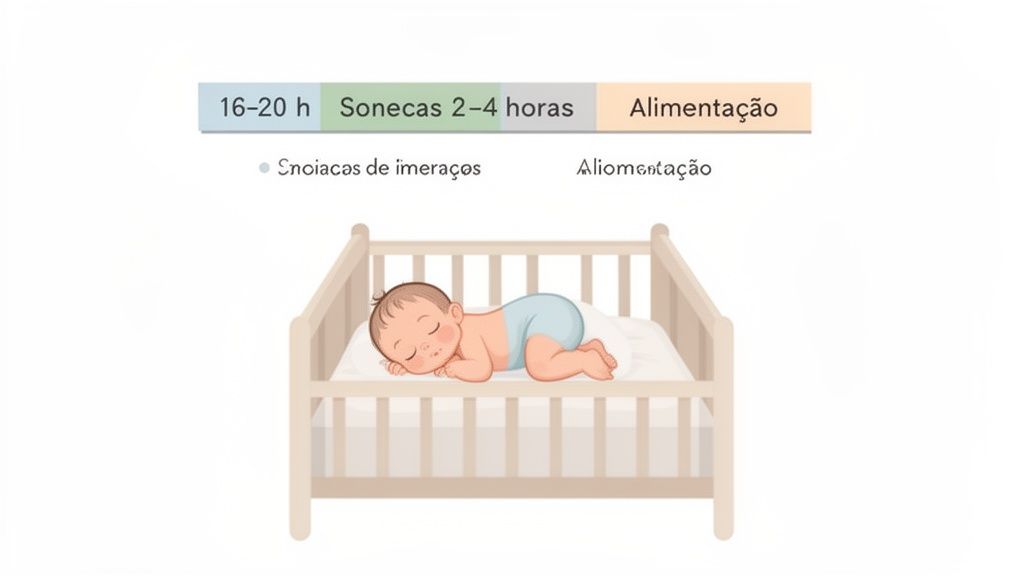 Ilustração de um bebê dormindo tranquilamente em seu berço, com gráfico de horários de sono e alimentação.