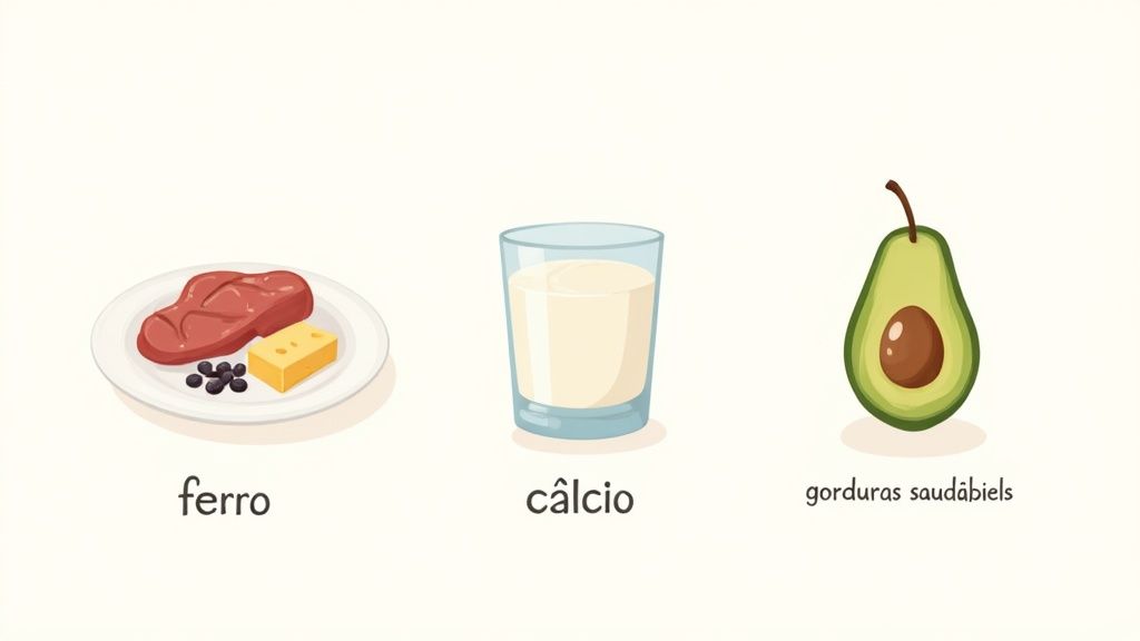 Imagem com alimentos ricos em ferro (carne, feijão, queijo), cálcio (leite) e gorduras saudáveis (abacate).
