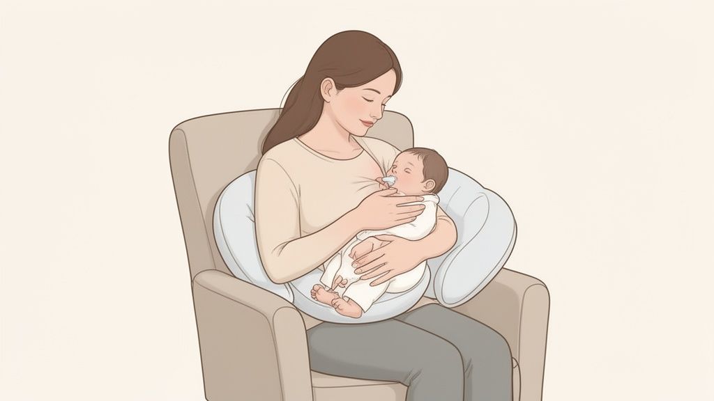 Mãe sentada em poltrona com almofada de amamentação, segurando bebê com chupeta.
