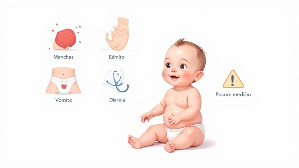 Bebê feliz com ícones de sintomas: manchas, vômito, diarreia e alerta para procurar médico.