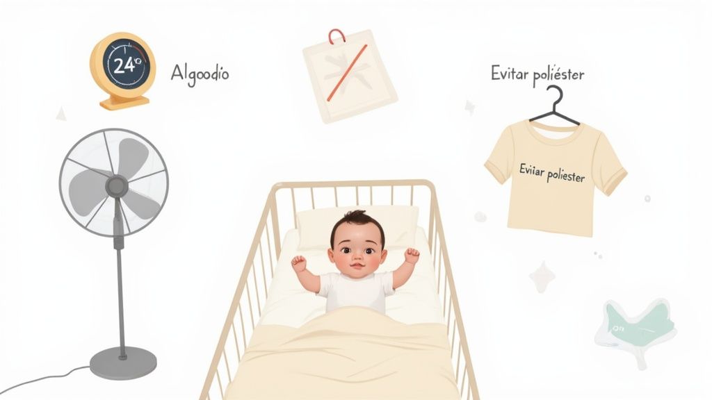Bebê em berço com dicas para prevenir brotoeja, incluindo temperatura, algodão e evitar poliéster.