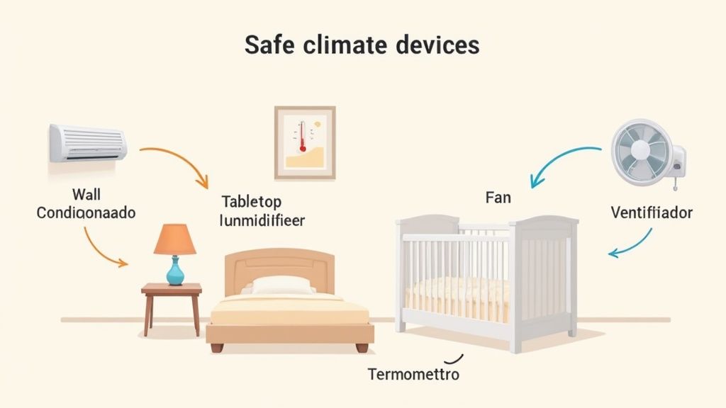 Dispositivos de clima seguro ilustrados em um quarto com berço e cama: ar condicionado, ventilador, umidificador e termômetro.