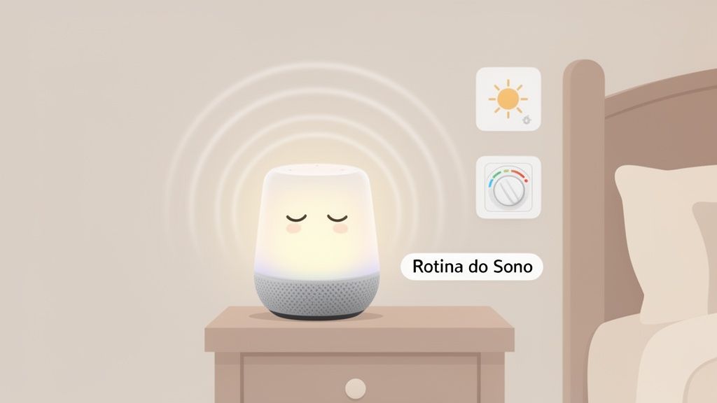Dispositivo inteligente em forma de lâmpada com rosto adormecido, emitindo luz. Ícones de controle e texto 'Rotina do Sono'.