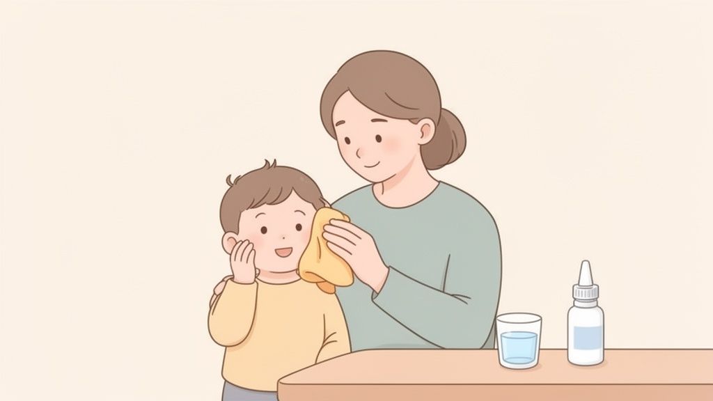 Uma mãe gentilmente aplica uma compressa quente no ouvido de seu filho, que parece estar com dor.