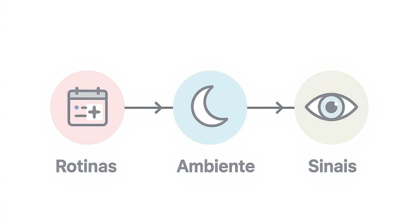 Infográfico que ilustra a conexão entre Rotinas, Ambiente e Sinais para um sono melhor.