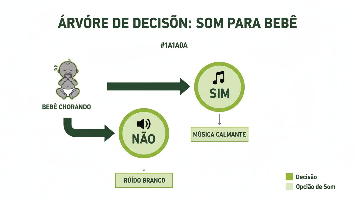 Fluxograma sobre sons para bebês: bebê chorando, escolher sim (música calmante) ou não (ruído branco).
