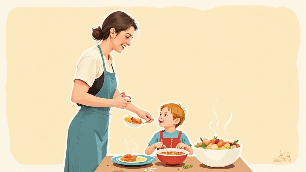 Mãe sorridente alimenta seu filho pequeno à mesa com refeição saudável e feliz.