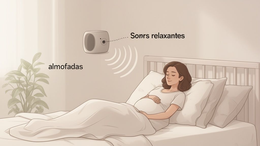 Mulher grávida relaxando na cama, ouvindo sons relaxantes de um aparelho na parede do quarto.