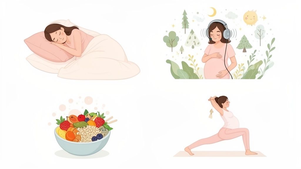 Quatro imagens mostram uma mulher grávida com hábitos saudáveis: dormindo, ouvindo música, comendo frutas e praticando yoga.