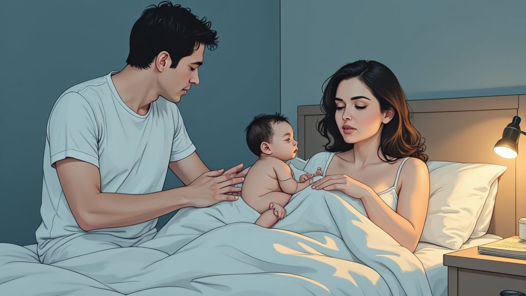 Pai e mãe carinhosamente cuidam do bebê na cama, em um momento de família íntimo e tranquilo.