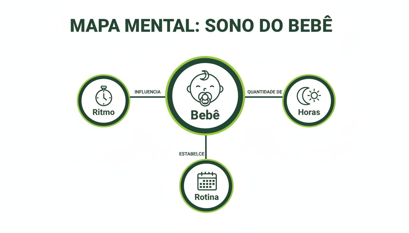 Mapa mental detalhando o sono do bebê, com foco na influência do ritmo, quantidade de horas e o estabelecimento da rotina.