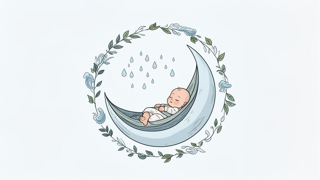 Bebê dormindo tranquilamente em uma rede na lua crescente, cercado por galhos e gotas de chuva.