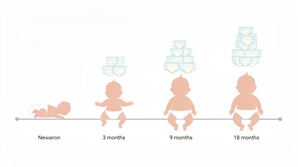 Ilustração do crescimento do bebê, de recém-nascido a 18 meses, com a quantidade crescente de fraldas.