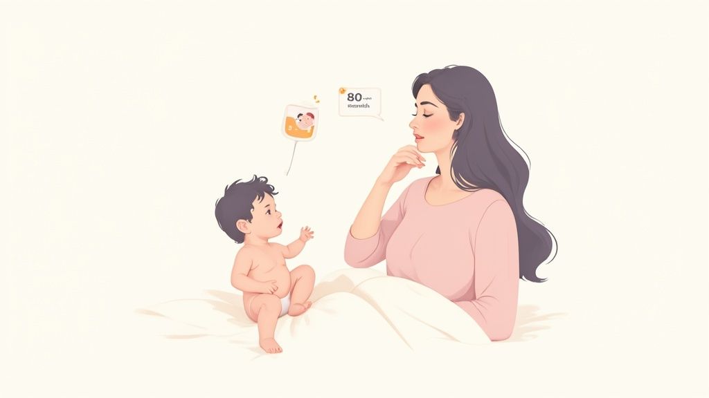Ilustração de uma mãe pensativa e seu bebê, com balões de fala exibindo dados de desenvolvimento infantil.