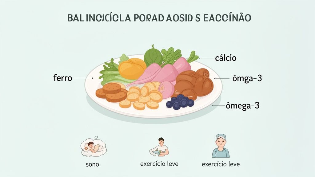 Ilustração de prato saudável com ferro, cálcio, ômega-3, e ícones de sono e exercícios leves para bem-estar.