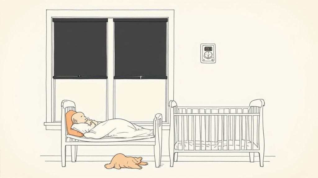 Bebê dormindo tranquilamente em um berço ao lado de um berço vazio, com cortinas escuras e termostato na parede.