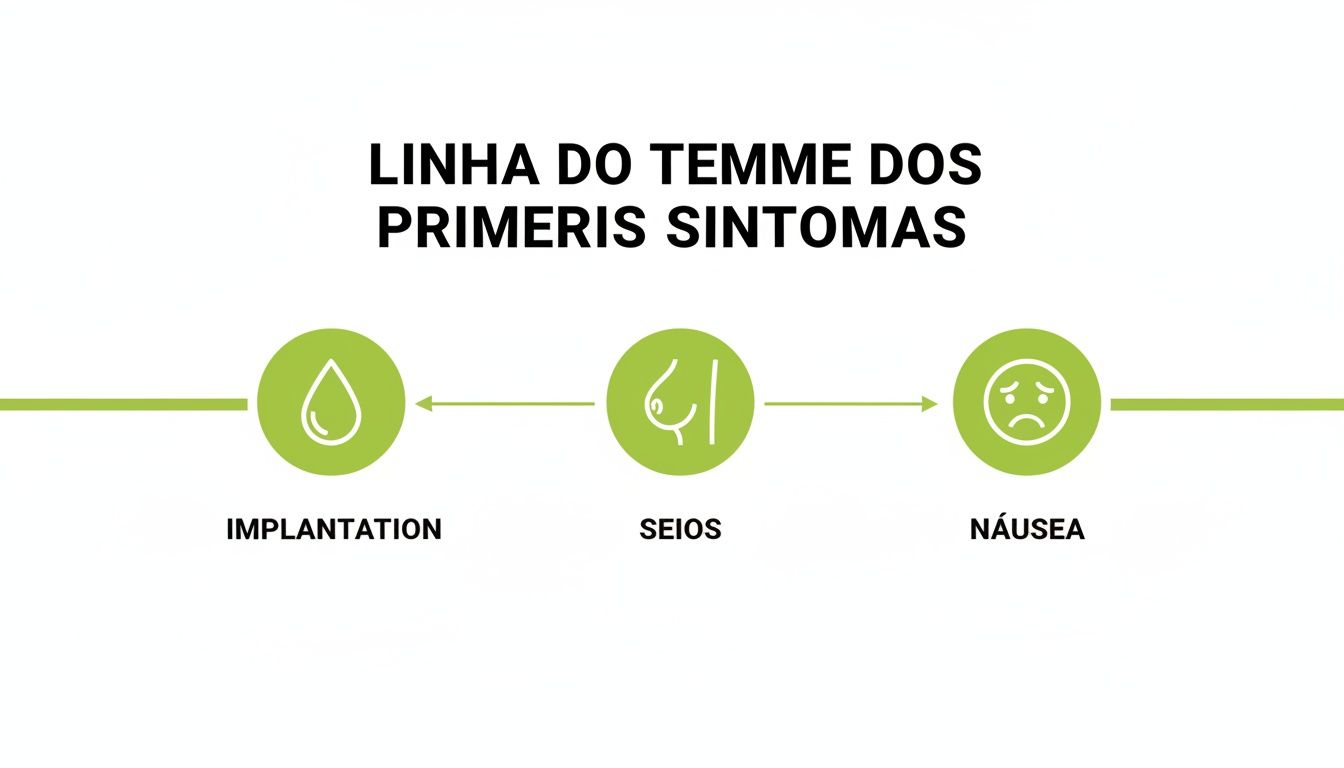 Linha do tempo ilustrando os primeiros sintomas de gravidez: implantação, sensibilidade nos seios e náusea.