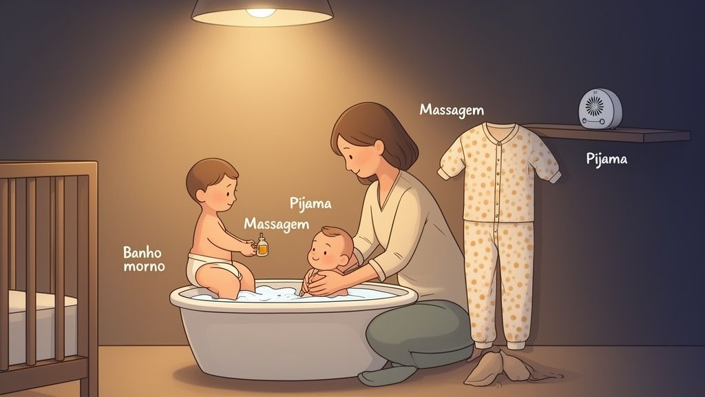 Mãe dando banho morno em dois bebês, seguida de massagem e pijama, parte da rotina de sono.