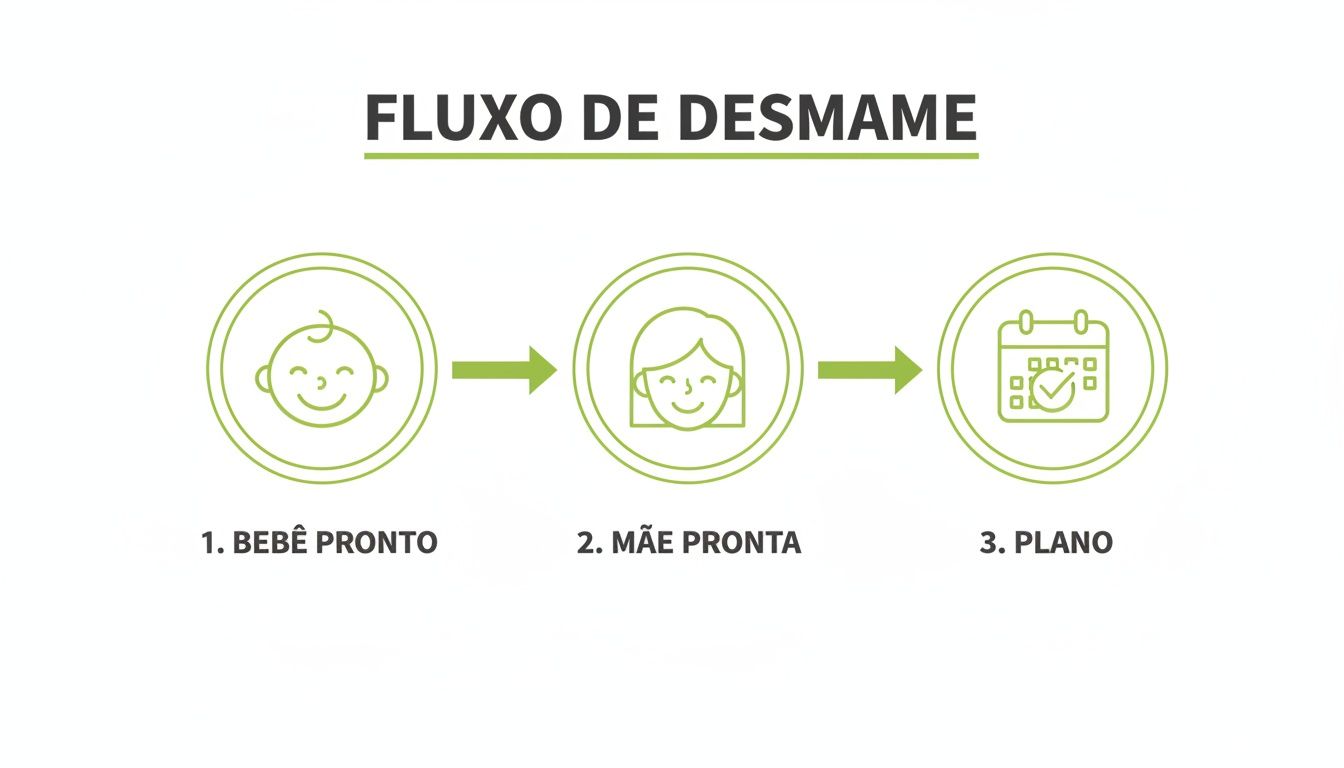 Diagrama do fluxo de desmame, ilustrando três etapas: bebê pronto, mãe pronta e plano.