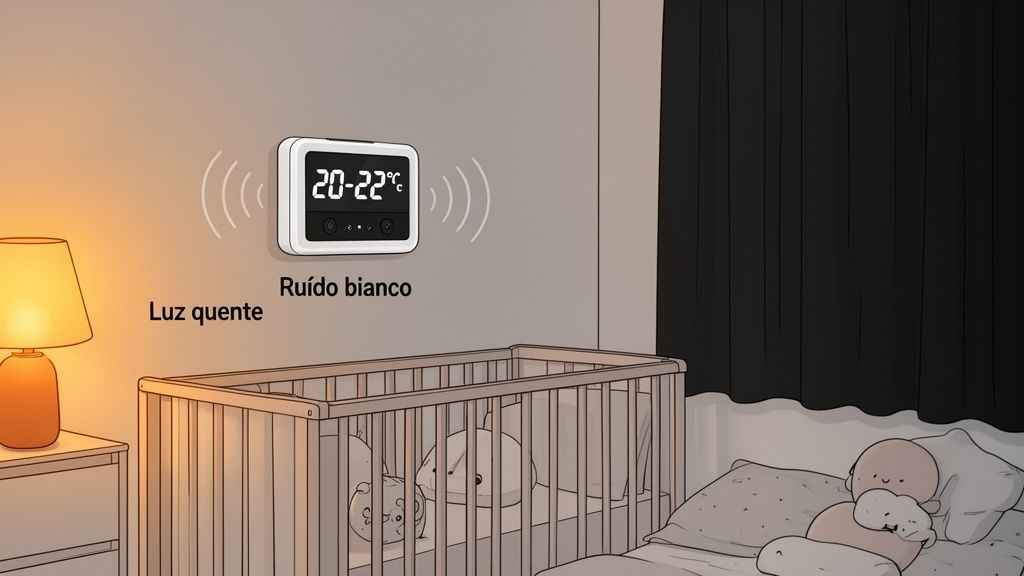 Quarto de bebê sereno com berço, luz quente aconhegante e dispositivo de ruído branco para dormir.