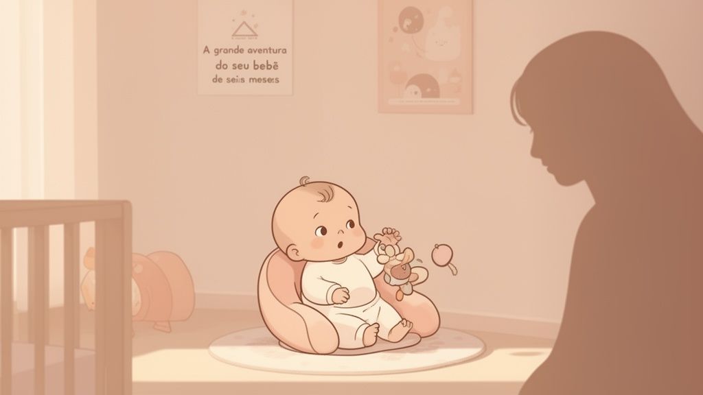 Bebê de seis meses sentado em cadeira de apoio, brincando com brinquedo, com sombra de mãe observando.