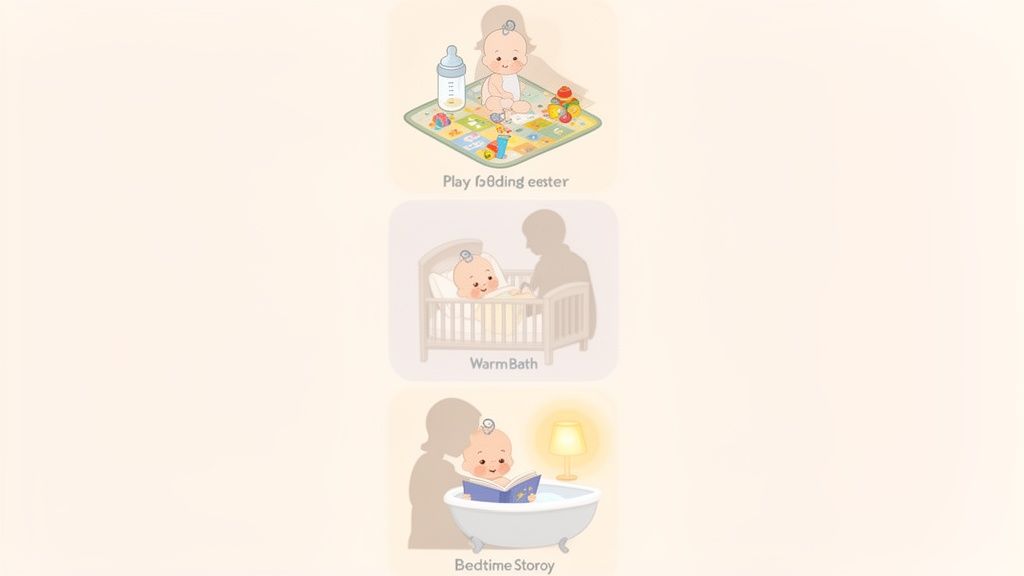 Três ilustrações de rotinas diárias de um bebê: brincando, dormindo no berço e tomando banho com leitura.