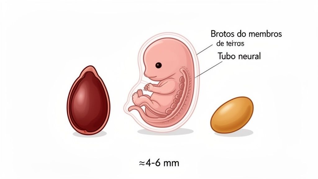 Imagem ilustrativa de um embrião humano (4-6mm) com brotos dos membros e tubo neural, comparado a sementes.
