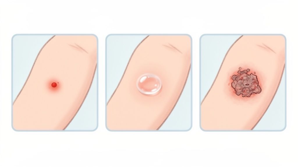 Três ilustrações mostram a evolução de uma lesão de pele: um ponto vermelho, uma bolha transparente e uma ferida ulcerada.