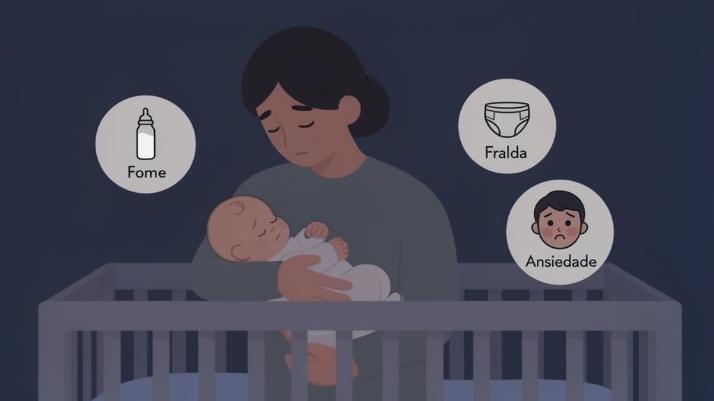 Mãe cansada segura bebê à noite, com ícones de fome, fralda e ansiedade, representando desafios do sono.