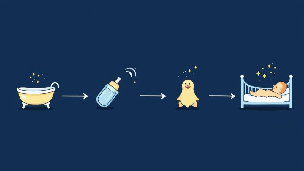 Uma sequência de imagens que ilustra a rotina de sono de um bebê: banho, mamadeira e dormir no berço.
