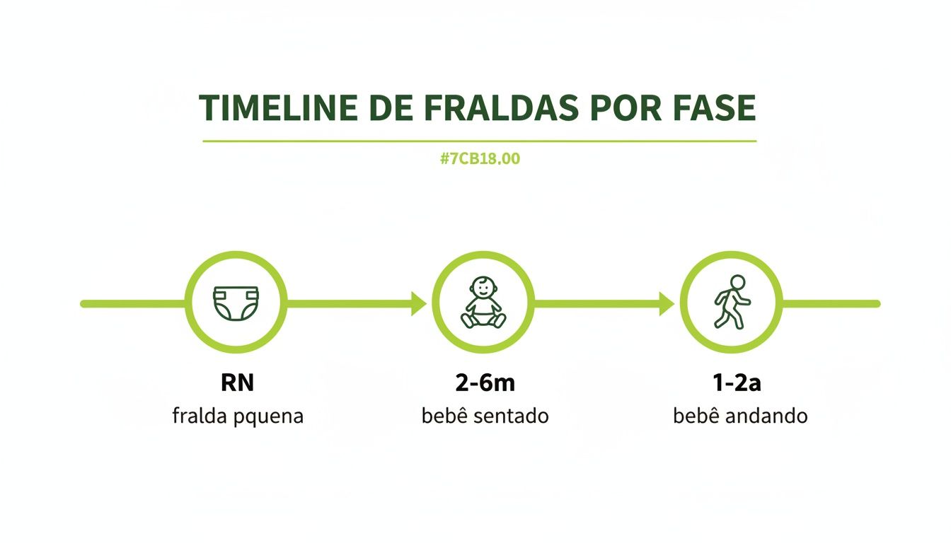 Timeline visual das fases de uso de fraldas: RN (fralda pequena), 2-6 meses (bebê sentado) e 1-2 anos (bebê andando).