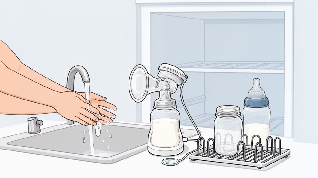 Pessoa lavando as mãos, com bomba tira-leite e mamadeiras com leite materno para armazenamento higiênico.