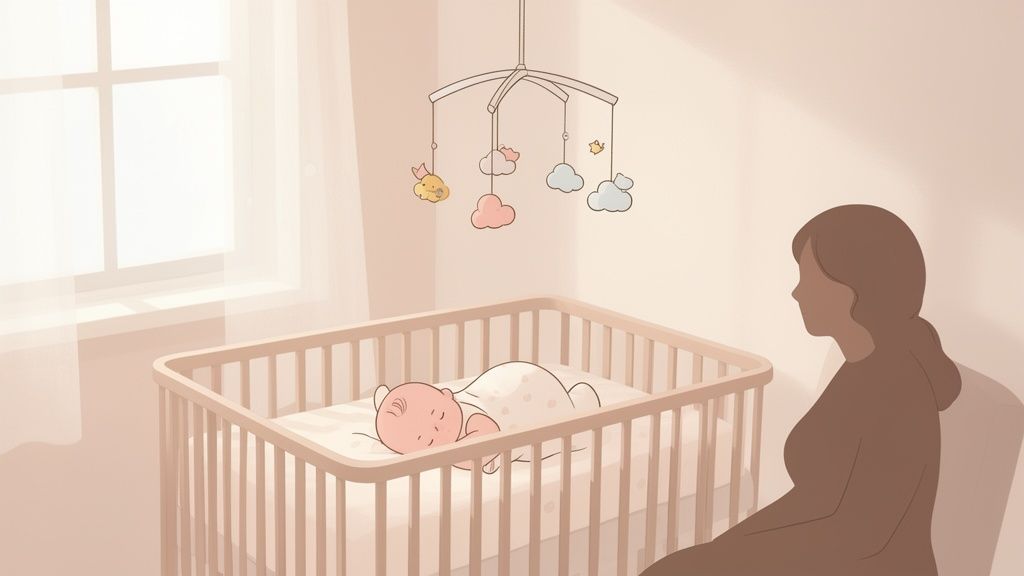 Um bebê dormindo tranquilamente em seu berço, com a mãe sentada ao lado, em um quarto iluminado pelo sol.