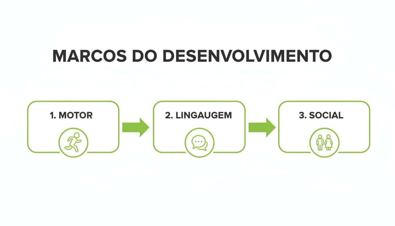 Fluxograma dos marcos do desenvolvimento infantil: motor, linguagem e social, com ícones ilustrativos.