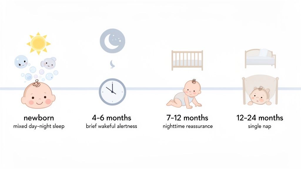 Gráfico ilustrado do desenvolvimento do sono do bebê, do recém-nascido aos 24 meses, com marcos de sono.