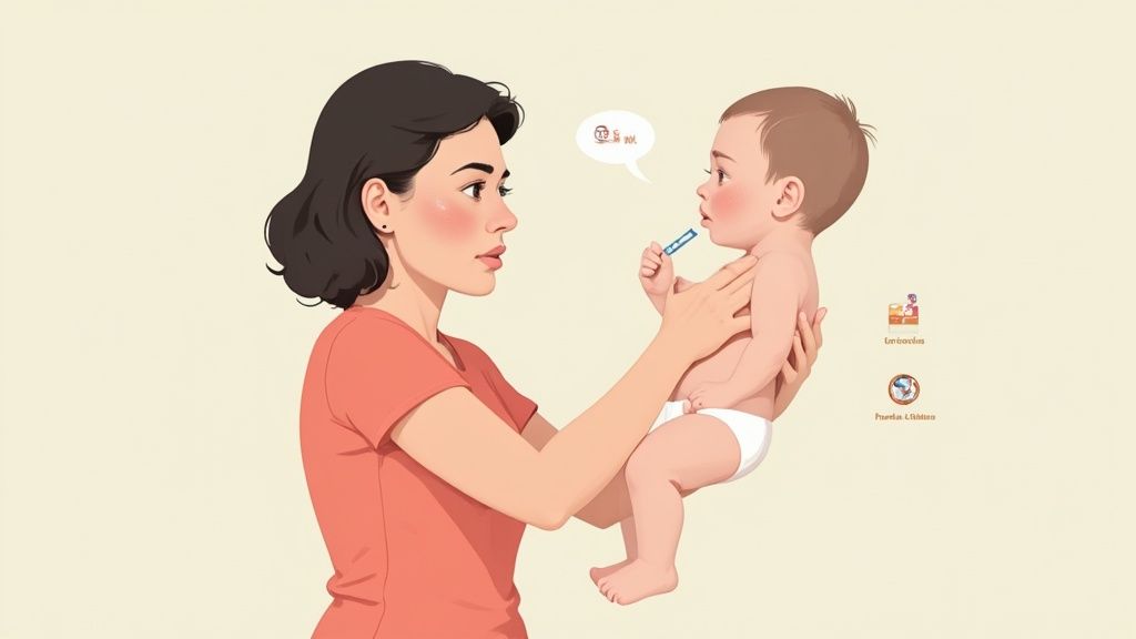 Mãe carinhosa segura bebê que brinca com um termômetro, simbolizando cuidado e saúde infantil.