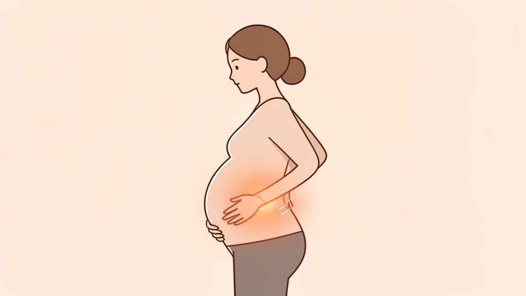 Ilustração de uma mulher grávida sentindo dor na lombar, com as mãos apoiando a barriga.