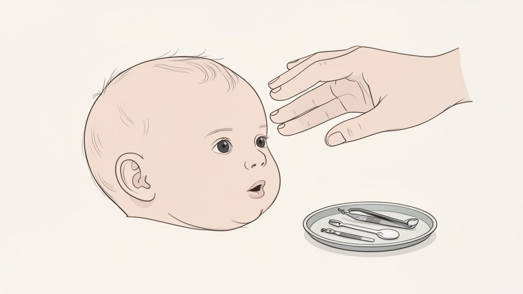 Uma ilustração mostra a cabeça de um bebê, uma mão adulta se aproximando e utensílios de higiene infantil.