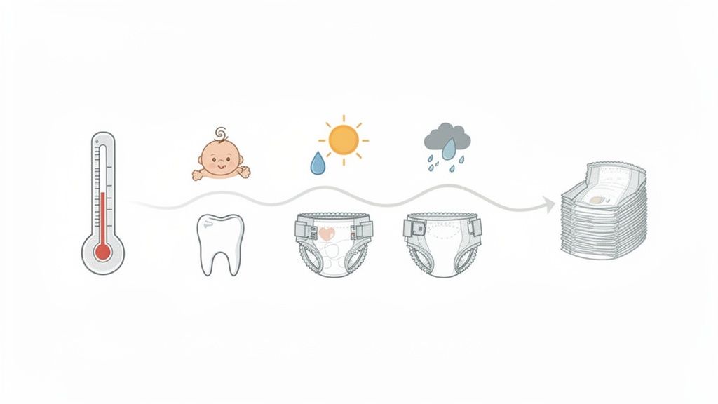 Ilustração com termômetro, bebê, dente, sol, chuva, fraldas com indicador de umidade e uma pilha de fraldas.