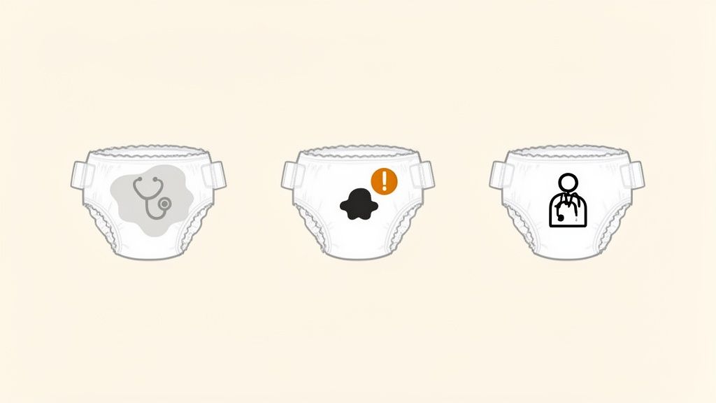Três fraldas de bebê com ícones médicos que representam diferentes condições de saúde e alertas.