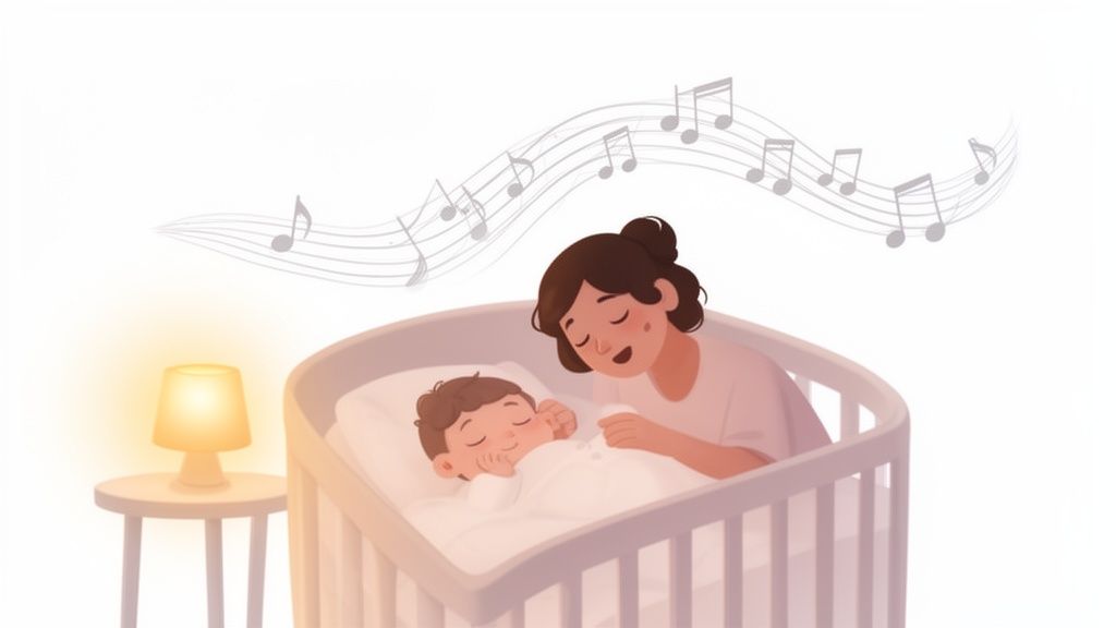 Mãe carinhosa cantando canção de ninar para seu bebê dormindo tranquilamente em um berço, com luz ambiente.
