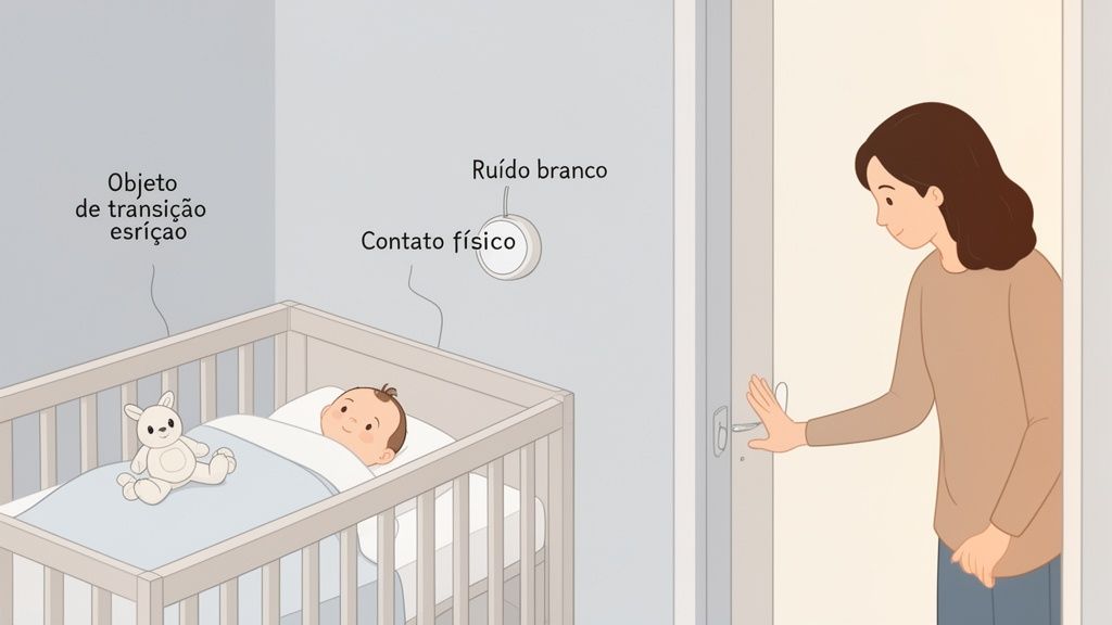 Mãe observa bebê dormindo tranquilamente em berço com objeto de transição, ruído branco e contato.
