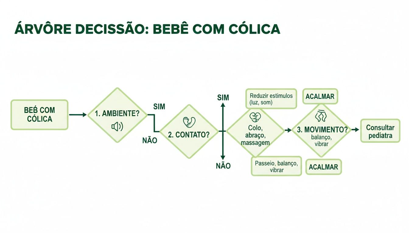 Fluxograma de decisão para acalmar um bebê com cólica, explorando ambiente, contato e movimento.