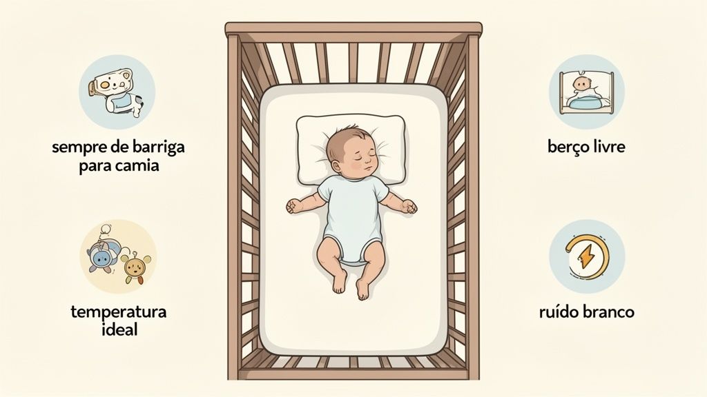 Bebê dormindo no berço de barriga para cima, rodeado por dicas de sono seguro: berço livre, temperatura ideal e ruído branco.